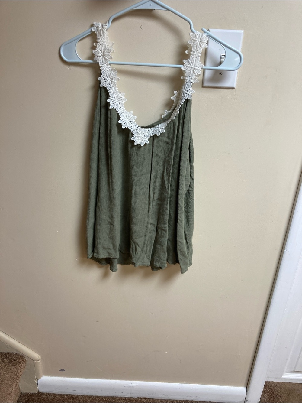 Olive Green Floral-Trim Camisole Tank Top